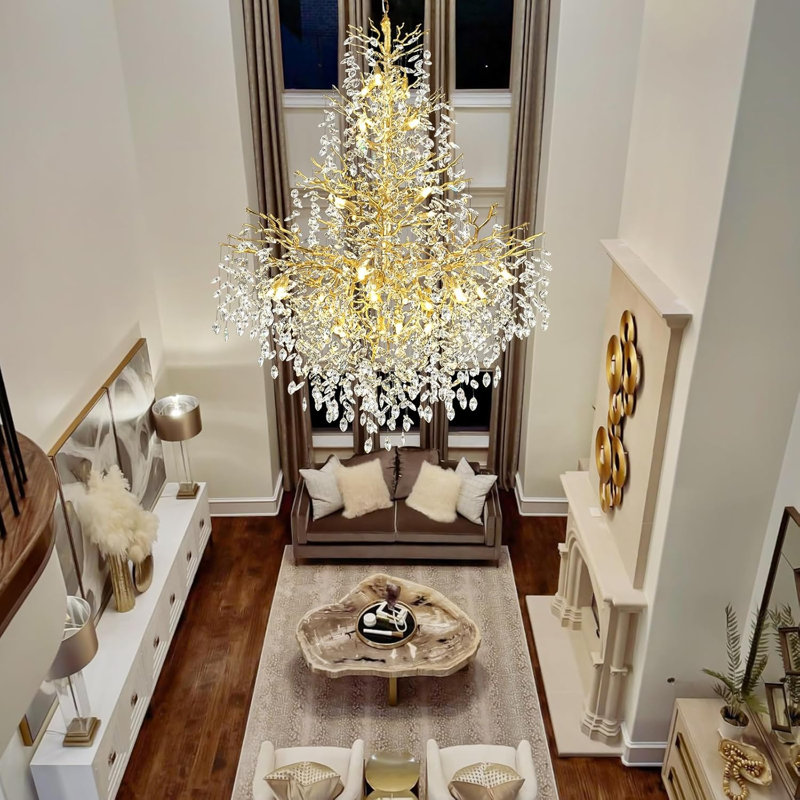 27-Light 65"H Dimmable Crystal Tree Branch Tired Chandelier High Hanging Pendant Lights, Gold