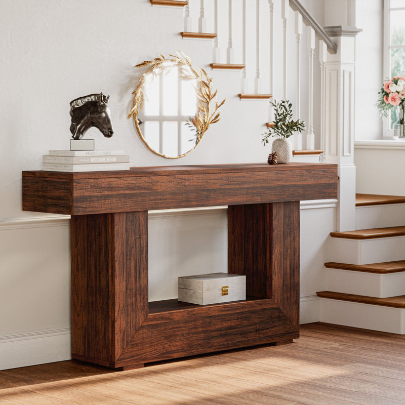  Mia Rustic Console Table With Storage, 55 Inch Farmhouse Wooden Entryway Table For Hallway, Living Room, Foyer