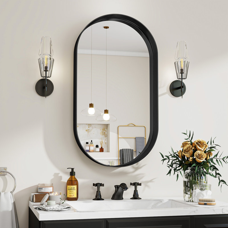 Mordern-Design Oval Deep Framed Waterproof Bathroom Mirror, 20" x 36", Black