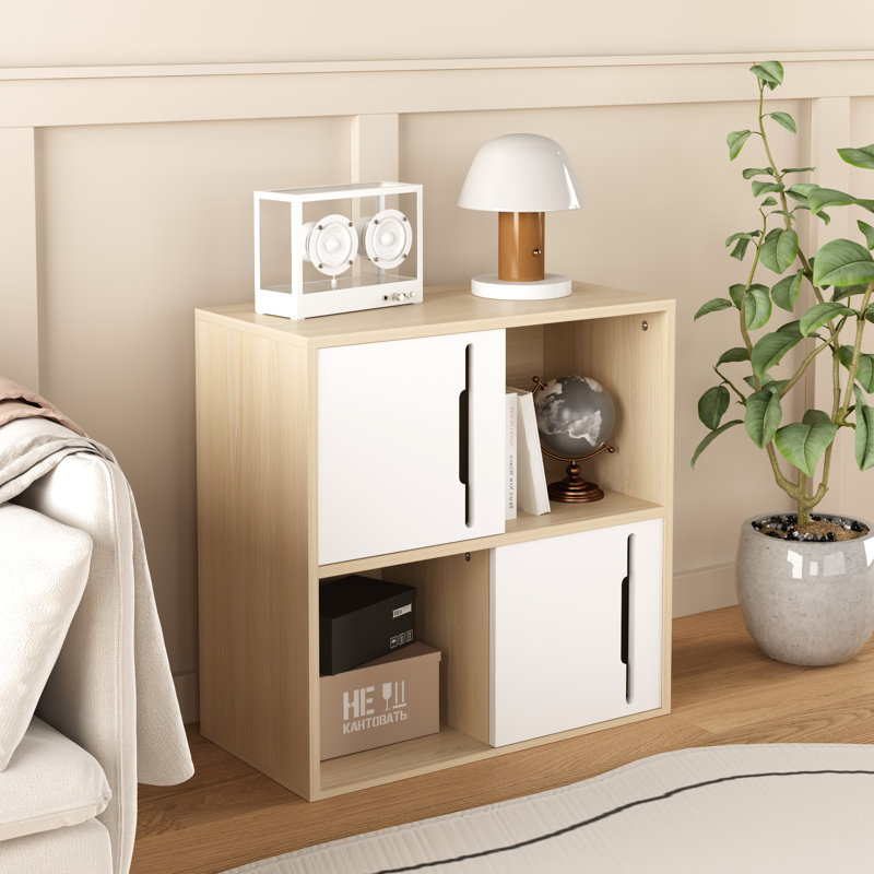 Compact Modern Vertical Storage With Dual Sliding Doors, 2 - Tier Open And Closed Organization, Natural Wood White Aesthetic For ' Room Solution: Wooden Cabinet Shelving Small Spaces,