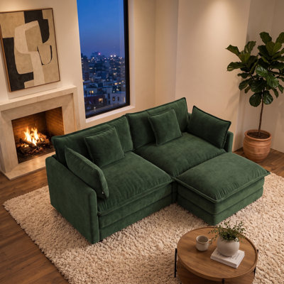 Canapé en L 70,8 po à 2 places avec repose-pieds, causeuse en chenille rembourrée avec 2 coussins d'accoudoir et 2 coussins décoratifs, canapé modulaire peu encombrant pour le salon, l’appartement et la chambre à coucher