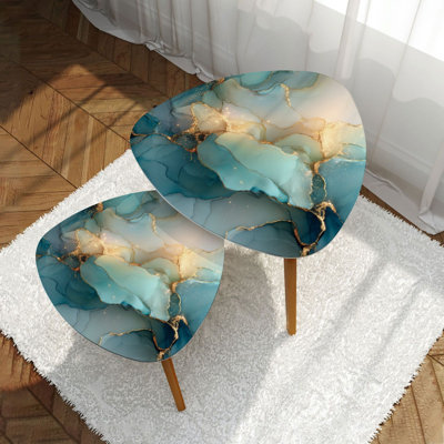 Triangle Nesting Coffee Table Set of 2 Cyan blue liquid watercolor golden stains Teal turquoise marble End Table Modern Minimalist Side Table Set for Living Room Bedroom