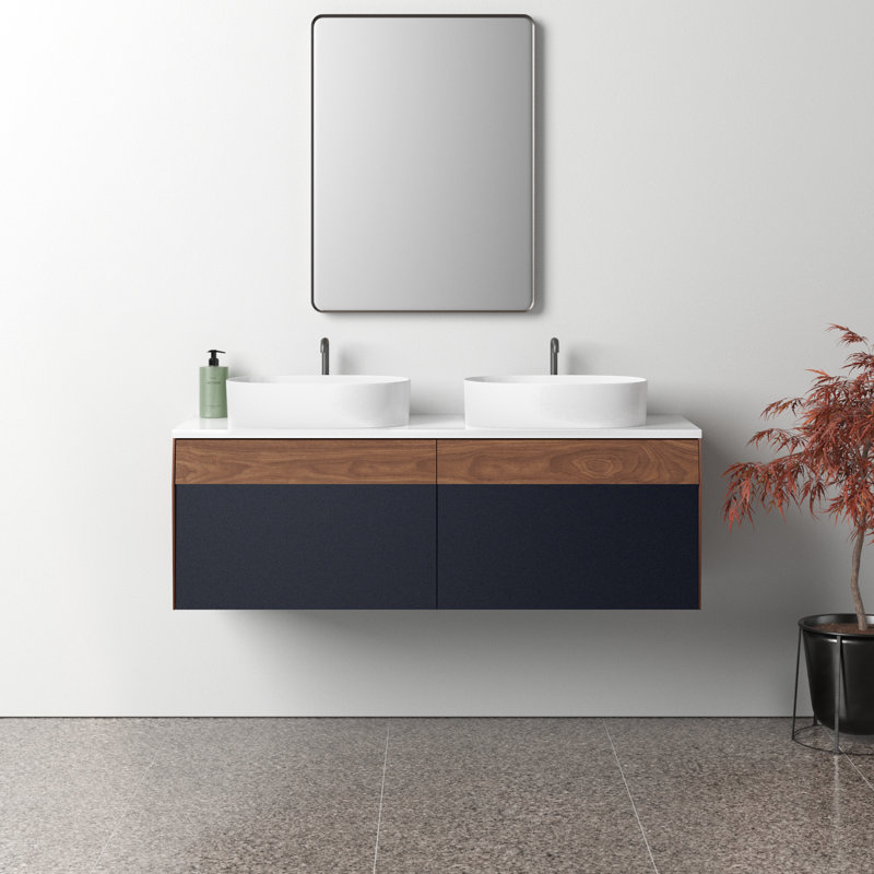 Lynwood 55" Double Bathroom Vanity, Light Brown/Dark Blue