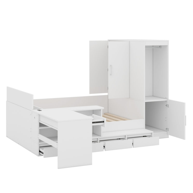 Lit plateforme avec tiroirs, tablettes, bureau et garde-robe, Blanc