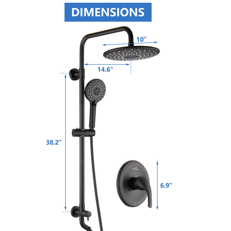 Tête de douche à pluie haute pression avec douchette combinée à 3 réglages avec valve de douche et barre coulissante réglable en noir mat