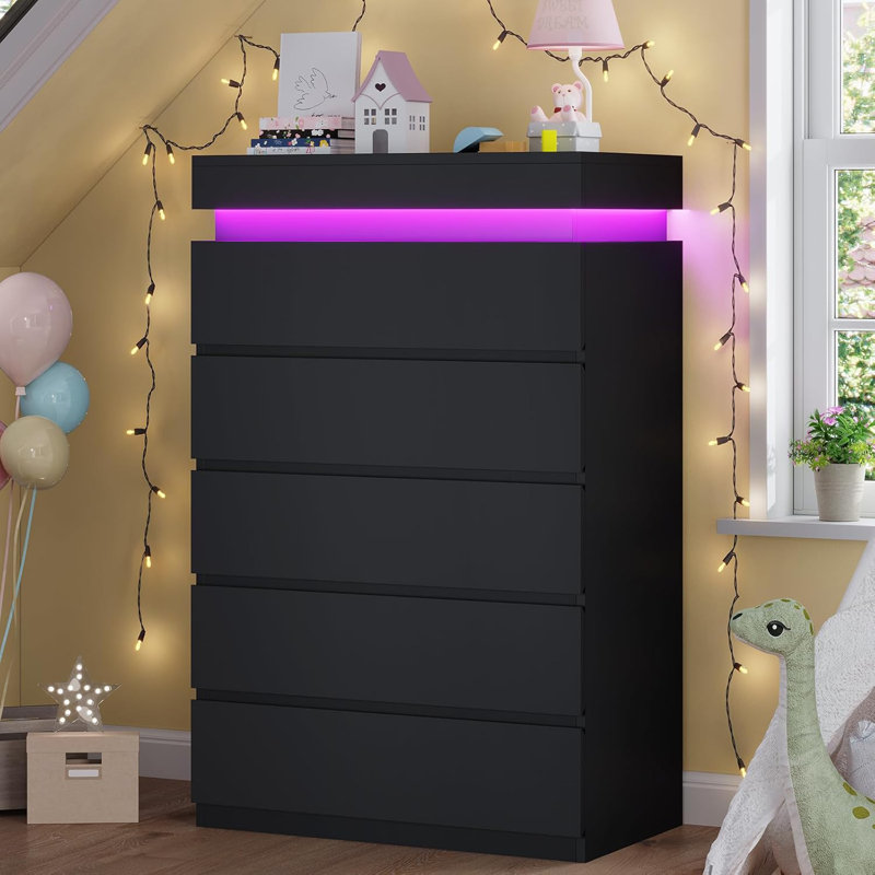Modern 5-Drawer Vertical Chest with Mood-Sensing LED Lights & High-Gloss Finish – Slim Space-Saving Design for Bedrooms & Gaming Rooms