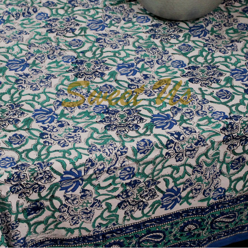 Floral Block Print Paisley Cotton Tablecloth Collection, 70" x 70"