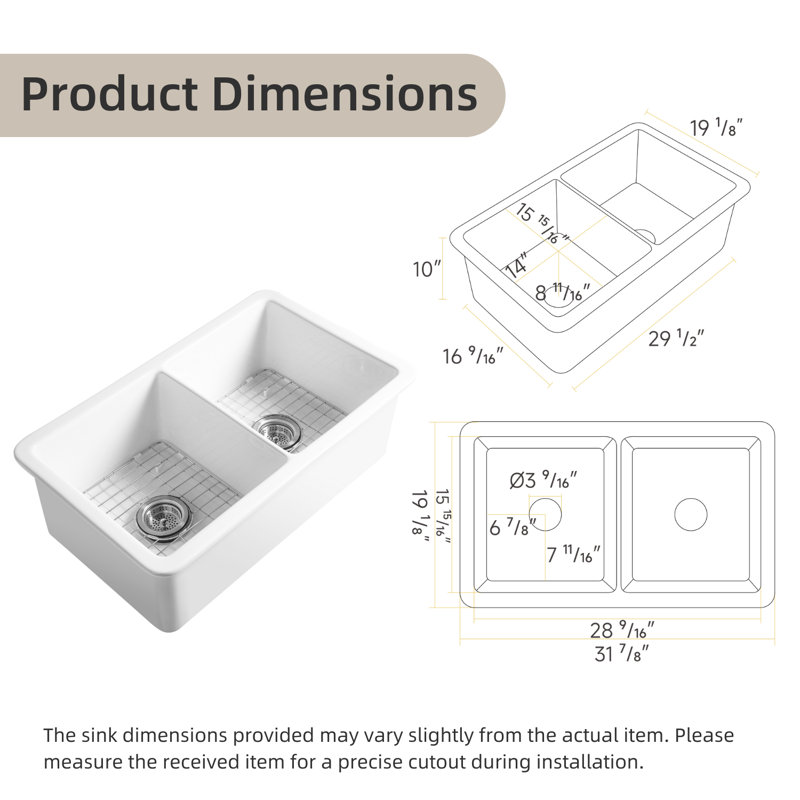 Los Flexi White Undermount Kitchen Sink, 32'' L x 19'' W x 10″ H, Standard Kit, Rectangular Dual Bowl