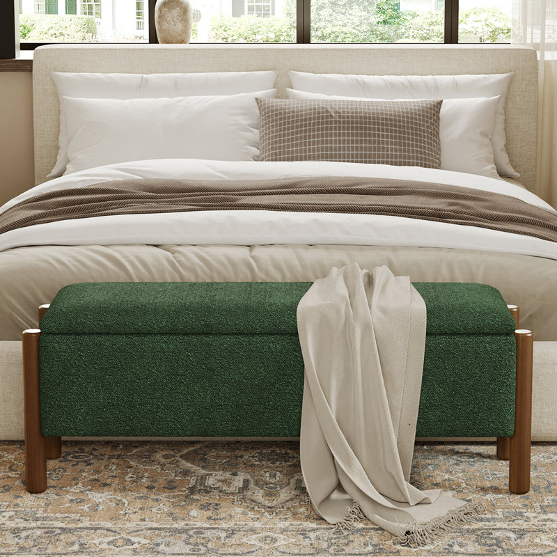47'' Modern Upholstered Storage Bench With Walnut Wood Legs, Green