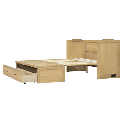 Grand lit escamotable avec station de charge intégrée et tiroir de rangement divisé, armoire-lit en bois de pin massif avec panneaux lisses, finition noyer clair