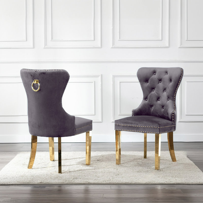 Chaise de salle à manger en velours avec pieds en bois d'hévéa Gislene, Velours gris, Doré