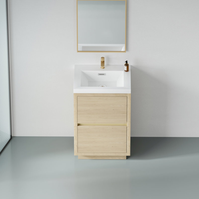 Meuble-lavabo autoportant 24 po avec lavabo, meuble-lavabo avec comptoir en résine de pierre et tiroirs à fermeture en douceur 24 po