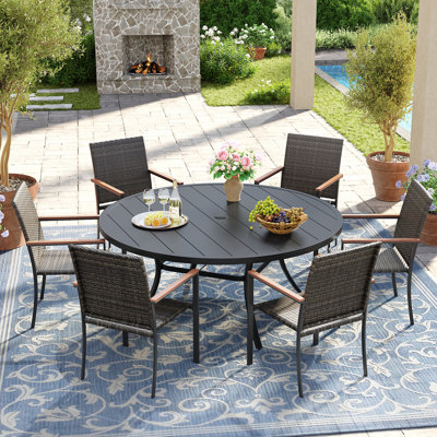 6-Person Round Outdoor Dining Set With Stackable PE Wicker Chairs