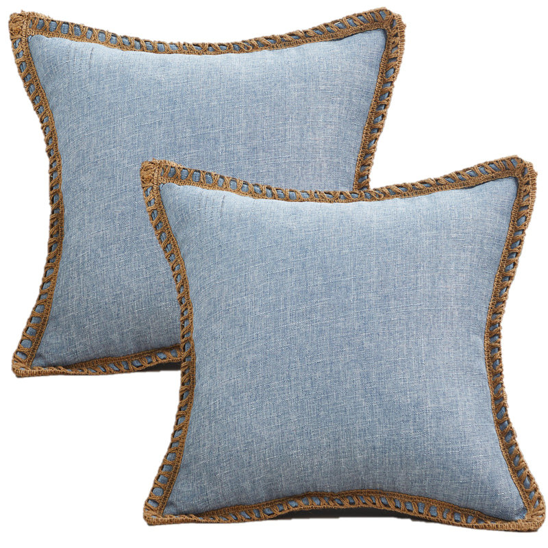 Cotton Linen Fringed Cotton Reversible Pillow Cover, Ocean Blue