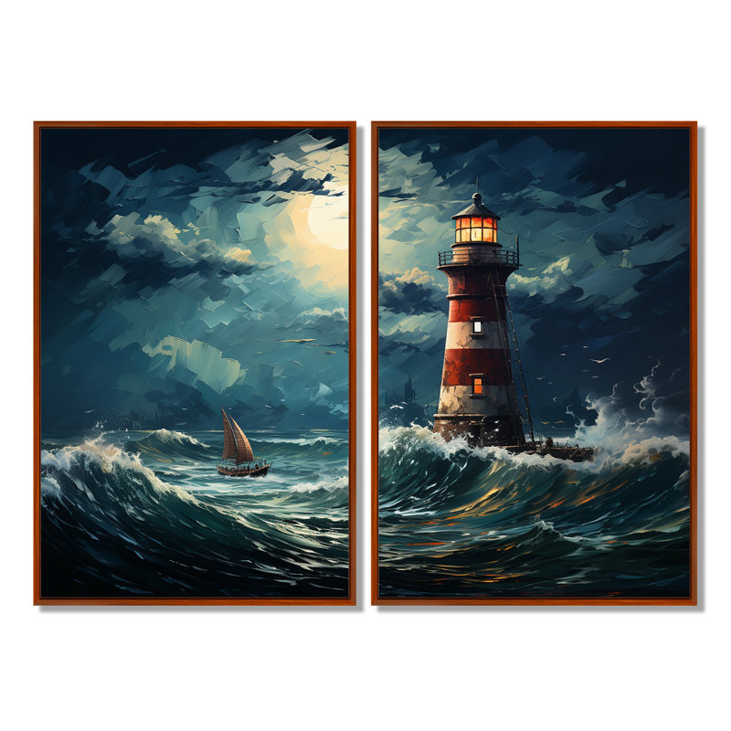 Phare de la mer orageuse 1 - art mural blanc, H 36 po x l 48 po, Reproduction encadrée sans passe-partout, Brun