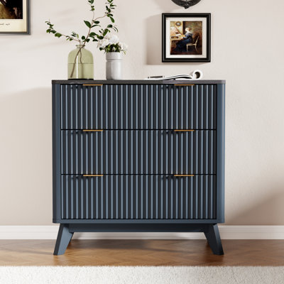 32" High Faux Marble Side Table with 3 Drawers & Fluted Design