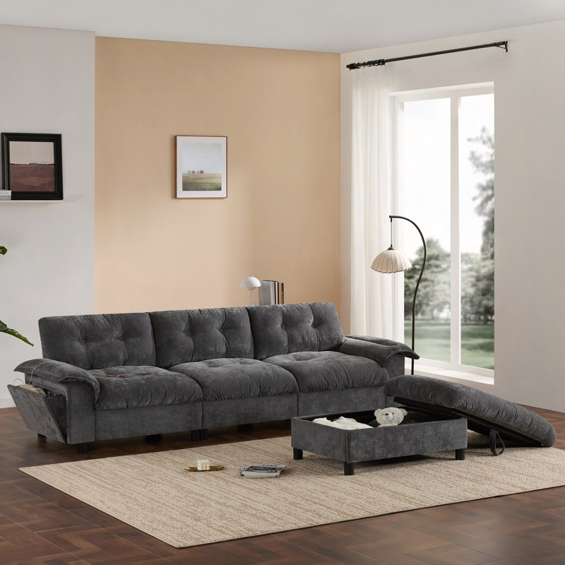 Canapé modulaire de 104 po x 60 po, en forme de L avec accoudoirs multifonctionnels, chargement à deux ports, porte-gobelet, poches de rangement latérales, repose-pieds de rangement mobile, conception capitonnée unique, coussin moelleux, chenille