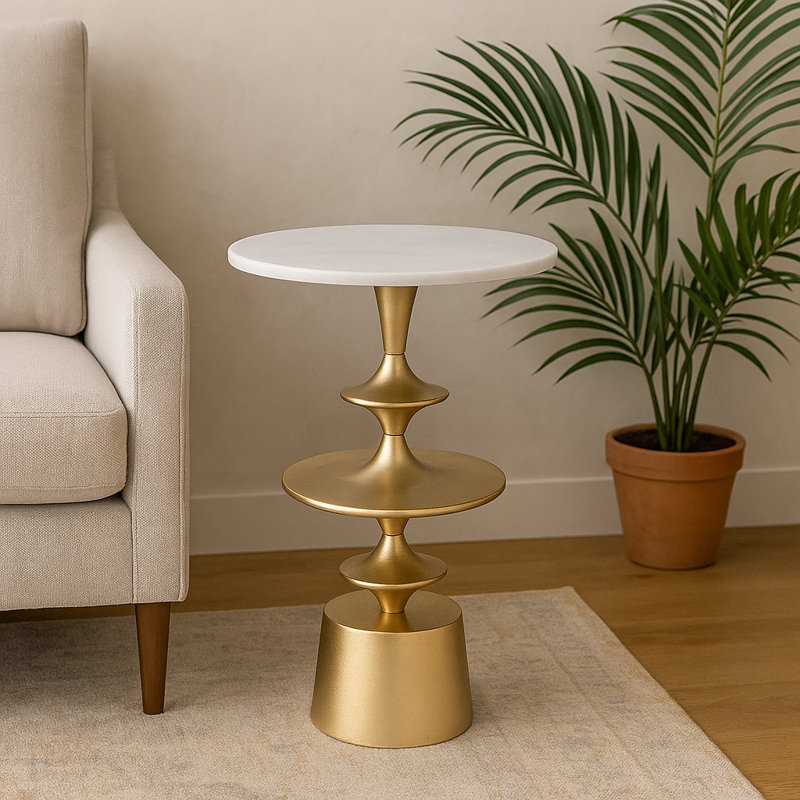 Table d'appoint Sculptural, Plateau blanc / base or