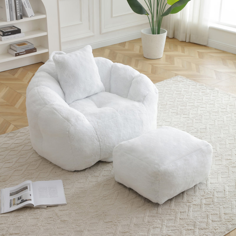 Fauteuil à billes géant avec repose-pieds, Fausse fourrure blanche