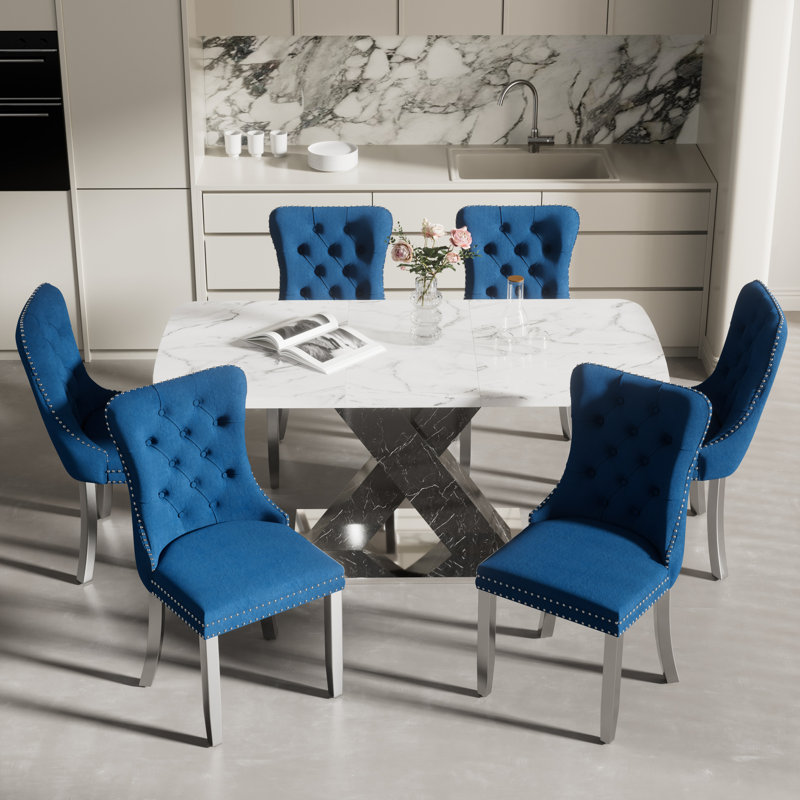 Ensemble de table de salle à manger extensible 47,24 à 63 po, 7, Blue, Black