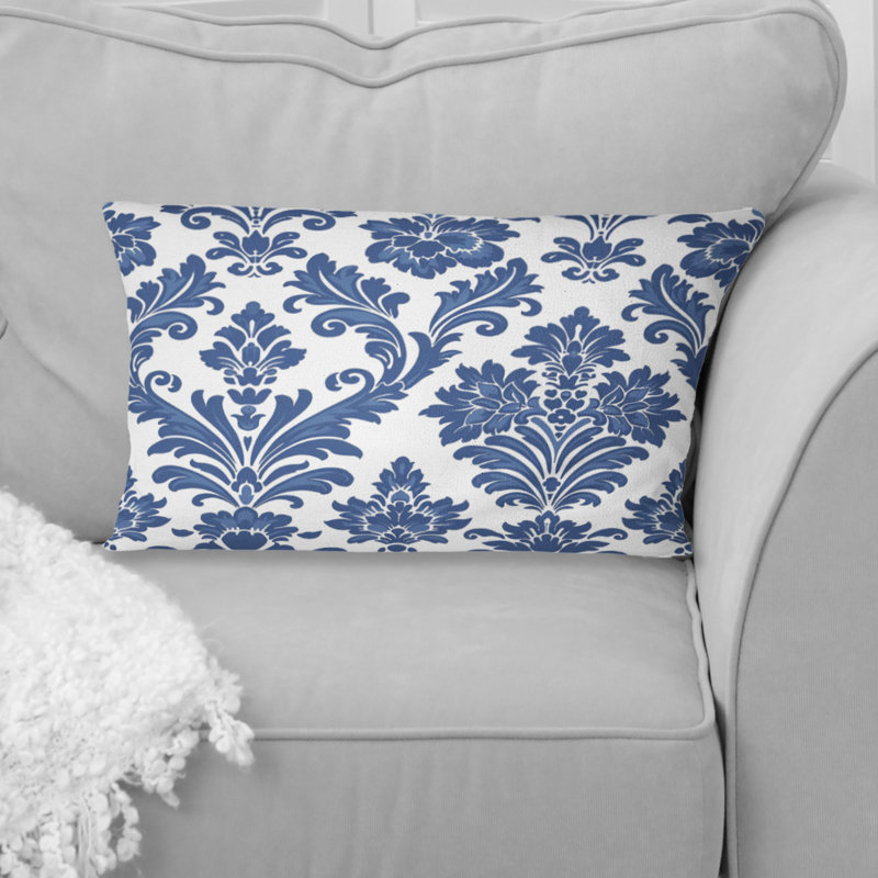 Coussin lombaire transitionnel bleu à motif damas glamour II