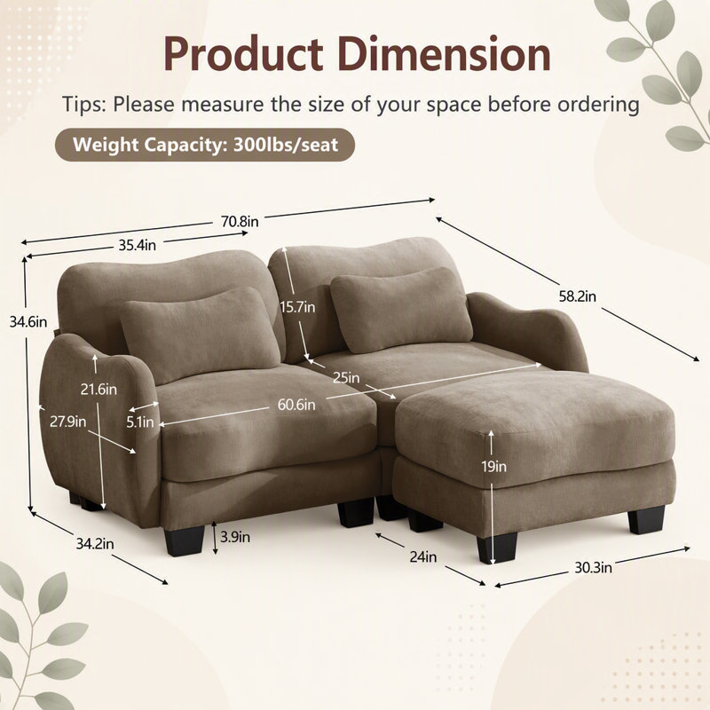 Canapé en L avec support en chenille avec coussin de taille délicate, conception ergonomique en courbe, avec repose-pieds mobile, assemblage facile pour le salon, café