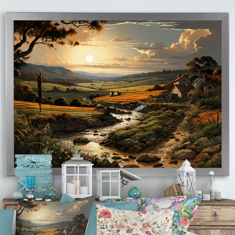 " Vineyard Charm Landscape V " Watercolor Print, Silver Single Picture Framed, 16" H x 32" W x 1" D