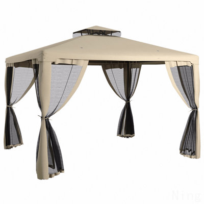9.6X11.6FT Gazebo Steel, Mosquito Net For Garden Use With Double Roof (Taupe)