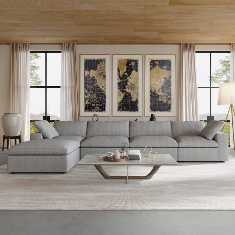 Kenda 5-Piece Upholstered Modern Linen Slipcovered Sectional Sofa With Ottoman, Light Gray Linen