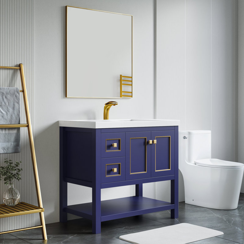 Ensemble de meuble-lavabo simple 37 po Thome, bleu, Laiton brossé