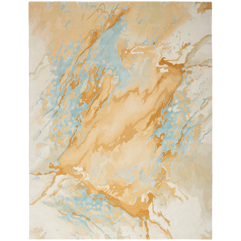 Tapis en viscose touffeté à la main à motif abstrait en jaune / blanc, Rectangle 2 pi x 3 pi