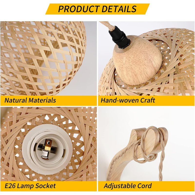 Plug-in Farmhouse Wall Sconce Bamboo Rattan Shade with Wooden Antler Arm(Bulb Not Included)