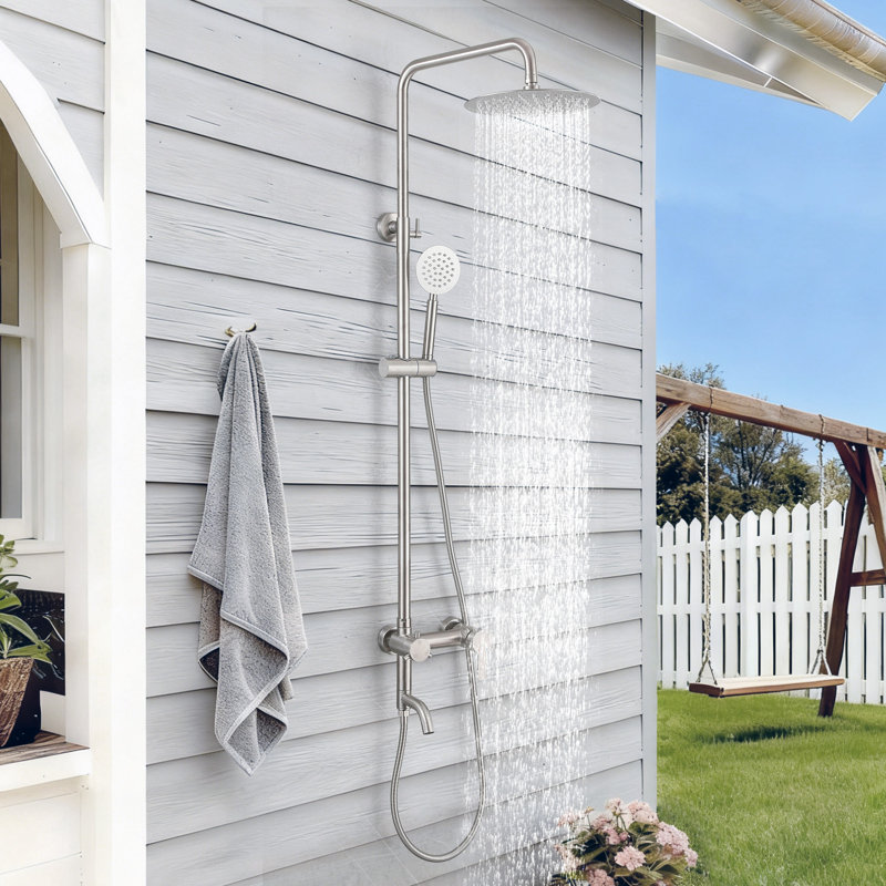 Wall Mount 304 Stainless Steel Rust-free Triple Function Outdoor Shower with Handheld Shower and Footwash Spout