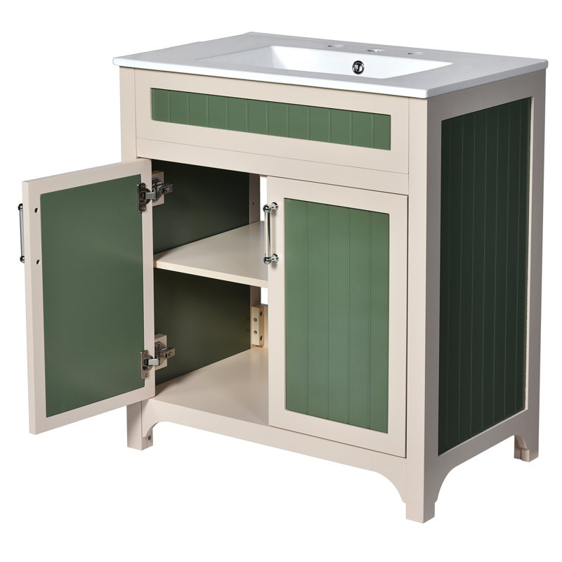 Ensemble de meuble-lavabo 30 po avec lavabo en céramique, meuble de rangement moderne avec cadre en bois massif et tablette réglable en hauteur, beige