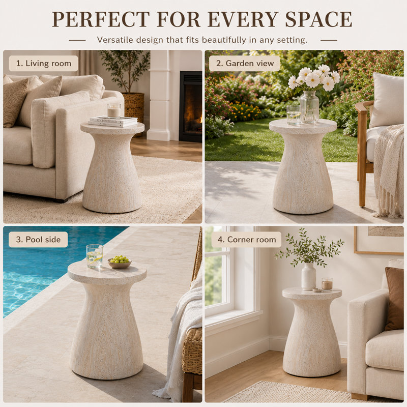 Zion Lightweight Concrete Patio Side Table, Patio Garden Stool Coffee End Table,decorative Garden Stool For Patio,or Balcony ,lightweight Concrete Material, Travertine