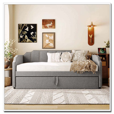 Twin Size Upholstered Daybed with Pop-Up Trundle USB Charging Ports