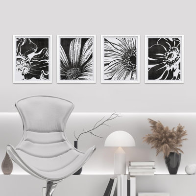 " Black Sunflowers Floral Botanical " 4 - Pieces