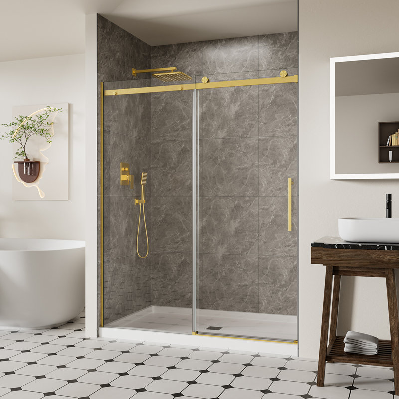 56"-60"W X 74"H Frameless Sliding Shower Door, 1/4" (6mm) SGCC Tempered Glass with Explosion-Proof Film & Nano Coating, Stopper Included, Brushed Gold