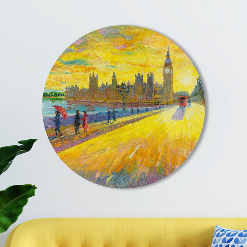 Art mural en verre fabriqué à la main capturant une scène de paysage du jour de pluie de Londres pour une décoration intérieure élégante
