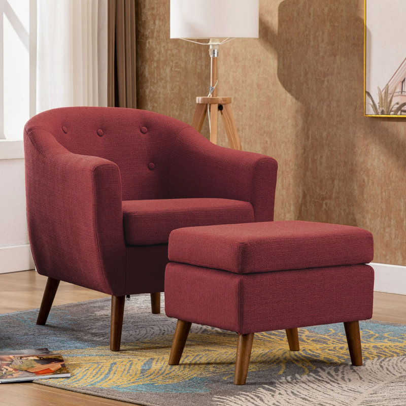 Arlaith Linen Upholstered Accent Chair with Ottoman, Rubberwood Legs, Red Linen