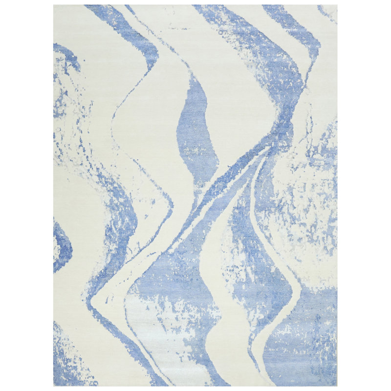 Tapis ivoire et bleu noué à la main de haute qualité, Rectangle 9 pi x 12 pi