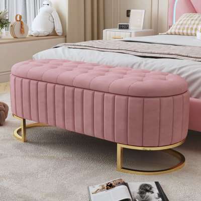 Élégant repose-pieds de rangement rembourré en velours avec capitonnage à boutons, banc de rangement avec pieds en métal pour la chambre à coucher, le salon