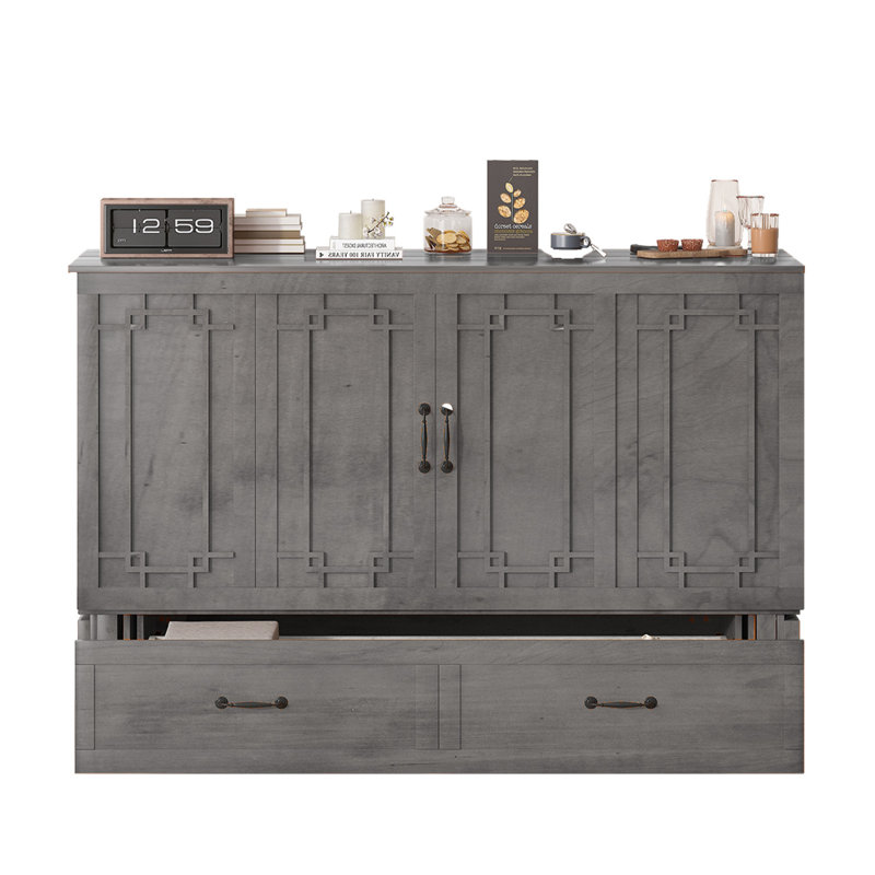  Grand lit escamotable en bois massif avec tiroir et station USB, Gris