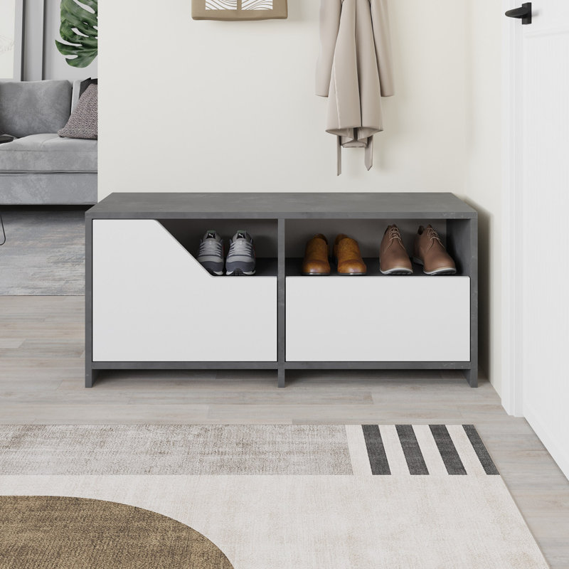 Modern Shoe Cabinet, Grey & White, 41.3 x 18.5 x 14.6 inches | 100% Melamine Coated Particle Board, Thickness: 0.7 inches | Soft-Close Hinges, L-Shaped Iron Wall Mount, Holds Up to 176 lbs, Stylish & Functional Storage Solution