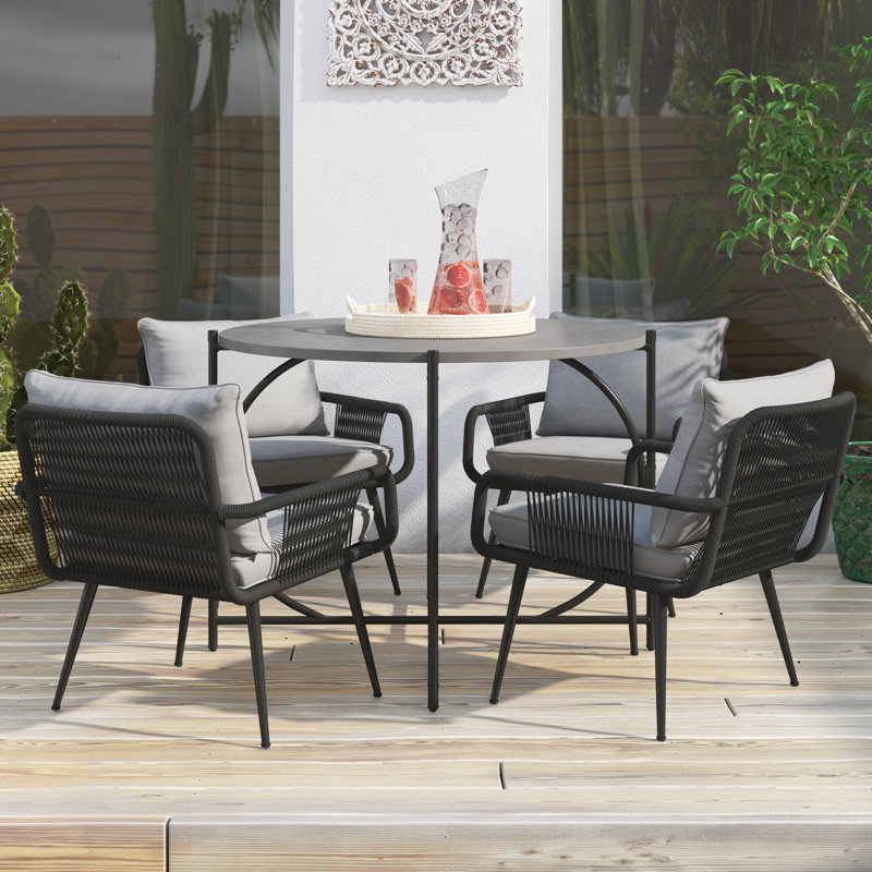 Ensemble bistro extérieur toutes saisons Almaraz avec 4 chaises en corde et coussins