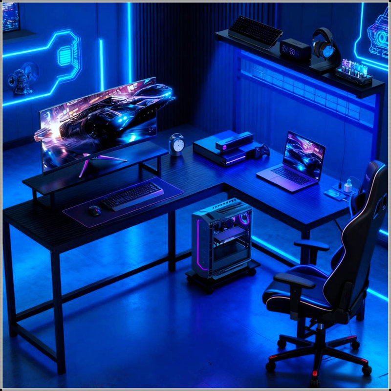 Bureau de jeu en L avec support pour écran, tablette pour unité centrale, prises de courant et lumières à DEL RVB pour une expérience de jeu améliorée