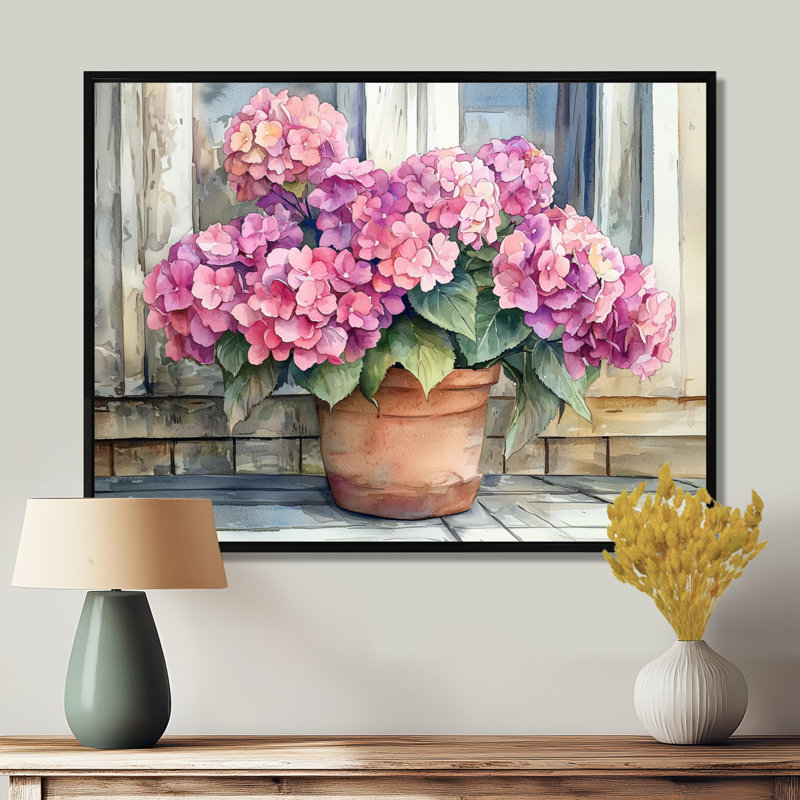 Hortensias sur le porche de la ferme I - hydrangées, art mural, Cadre flottant imprimé sans passe-partout, 12" H x 20 W