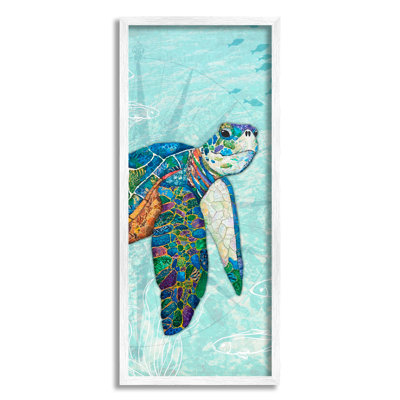 Sea Turtle Underwater Ocean Mosaic Style Collage Oversized White Framed Giclee Texturized Art by Lisa Morales