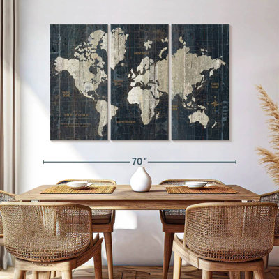 Carte du vieux monde en bleu sur toile, ensemble de 3 pièces