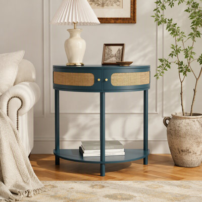 Unique Half Moon Design End Table With Sliding Rattan Door,Elegant Semicircle Entryway Console Table With 2 Rattan Storage Cabinet And Bottom Shelf For Living Room, Bedroom, Study, Hallway(Green)